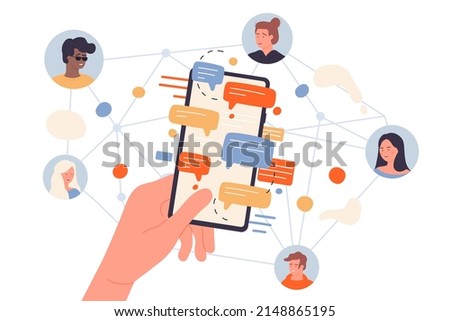 People connect to global network for online communication with friends. Cartoon diverse team of customers using social media chat service, person holding phone with sms flat vector illustration