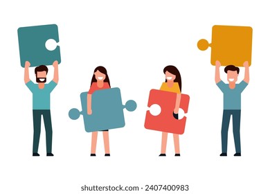 La gente conecta elementos del rompecabezas para resolver rompecabezas. Símbolo del trabajo en equipo. Cooperación para tener éxito. Estilo de diseño plano de ilustración de vector