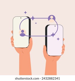 People connect on social media. People connect to network for online communication with friends. Hand holding smartphone. 