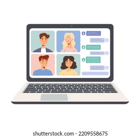 People connect, online meeting,  confer, participate or meet online through teleconferencing, videoconferencing, telecommuting, work from home and work anywhere. Flat vector illustration.