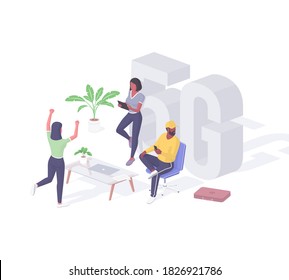 People connect online network 5d isometric concept. Female characters happily test internet speed on tablet. Man checks connection smartphone. New generation global communication realistic vector.