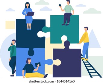 People connect the parts of the puzzle. Business concept of teamwork. Successful cooperation and partnership. Timbling design. vector flat illustration.