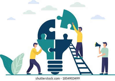 People connect the parts of the puzzle. Business concept of teamwork. Successful cooperation and partnership. Team building, increasing the efficiency of employees. vector flat illustration