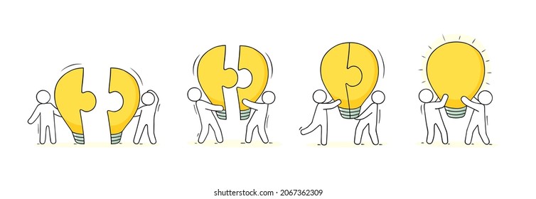 People connect puzzle parts in idea sign. Teamwork, partnership and cooperation concept. Vector doodle set of characters search business solution together. Connection jigsaw pieces of lightbulb