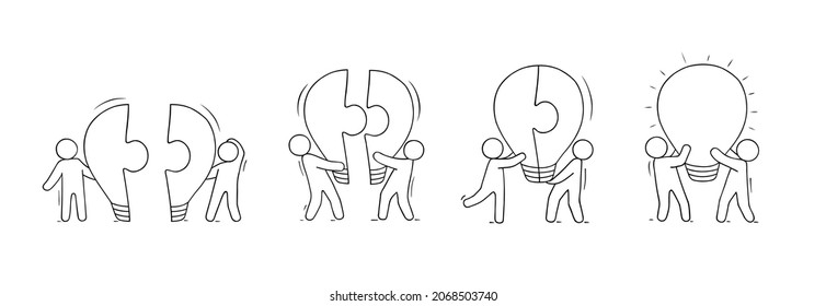 People connect puzzle parts in idea sign. Teamwork, partnership and cooperation concept. Vector doodle set of characters search business solution together. Connection jigsaw pieces of lightbulb