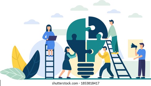 People connect the puzzle pieces in the form of a light bulb. Business concept of teamwork. Successful cooperation, partnership. Team building, increasing the efficiency of employees. Creative idea.