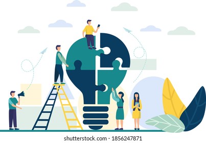 People connect the puzzle pieces in the form of a light bulb. Business concept of teamwork. Successful cooperation, partnership. Team building, increasing the efficiency of employees. Creative idea.