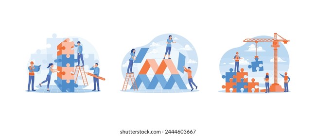 People connect puzzle pieces. Teamwork in solving problems. Cooperation and communication. Team Building concept. Set flat vector illustration.