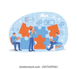 People connect puzzles. Work together on business projects towards targets. Team Building concept. Flat vector illustration.