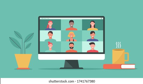 people connect together, learning or meeting online with teleconference, video conference remote working on computer laptop, work from home and anywhere, new normal concept, flat vector illustration