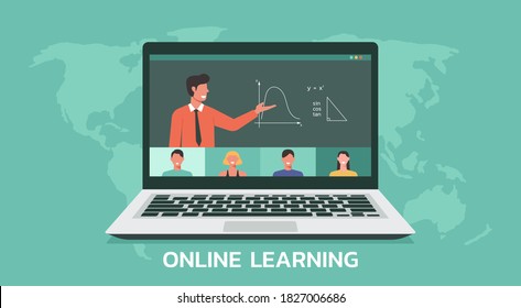 people connect together, learning or meeting online with teleconference, video conference on laptop, learn from home or anywhere, worldwide education, social distance concept, flat vector illustration