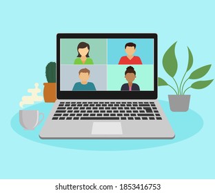 People connect together, study or meet online via teleconference, remote video conference work on a laptop computer, work from home and work from anywhere concept, flat vector illustration