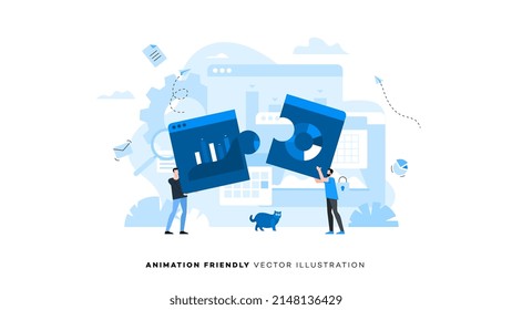 La gente conecta dos rompecabezas en forma de navegador. Animación preparada para el vector amigable duik Ilustración. Historia conceptual de los negocios. Conexión de rompecabezas, metáfora abstracta de trabajo en equipo, asociación.
