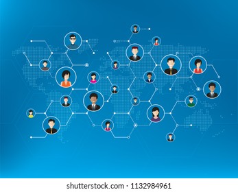 People connected by social media or social networks. Concept of communication, business, globalization. People icons, world map, hexagon design with lines in blue technology background.