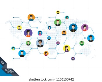 People connected by social media or social networks. Concept of communication, business, globalization. People icons, world map, hexagon design with lines in white technology background.