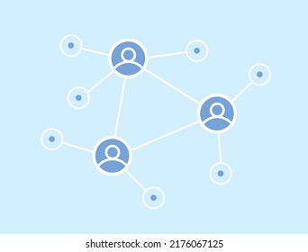 People connected in decentralized and communication network. Interactions between employees and working groups. Decentralized hierarchical system of company. Cooperation and contributions to projects