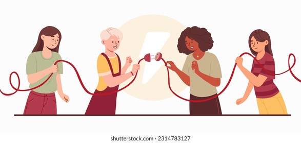 People connected plug concept. Men and women work on common project. Teamwork, collaboration and cooperation, partnership. Characters connect lightbulb. Cartoon flat vector illustration