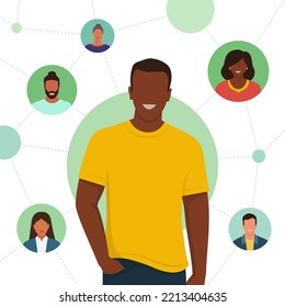 People connected in social networks: smiling man connected to friends, family and work colleagues