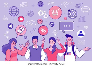 People connecting all over the world. Smart technology. businessmen discuss social network. dialogue speech bubbles above them. social networks. Vector outline illustration flat style.