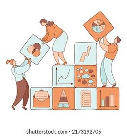 People connecting cube pieces with business symbol. Teamwork, business and collaboration concept. Vector illustration
