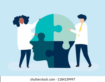 People connecting jigsaw pieces of a head together - Shutterstock ID 1184139997