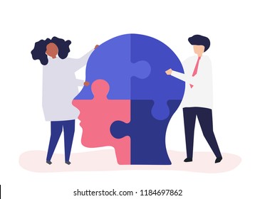 People connecting jigsaw pieces of a head together