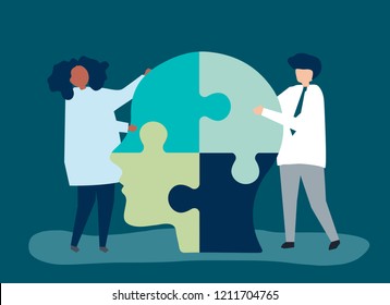 People connecting jigsaw pieces of a head together