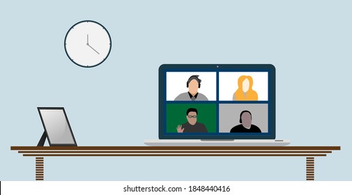 people connecting, learning or meeting online with teleconference, video conference remote working on the laptop computer, work from home and work from anywhere concept, flat vector illustration