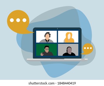 people connecting, learning or meeting online with teleconference, video conference remote working on the laptop computer, work from home and work from anywhere concept, flat vector illustration