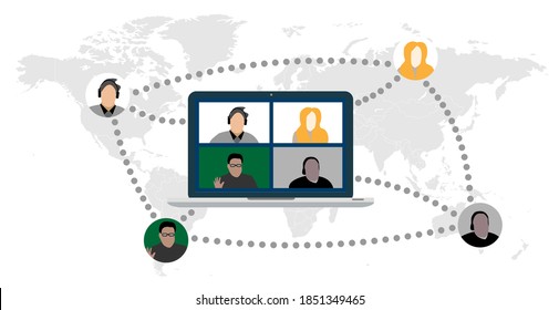 people connecting, learning or meeting online with teleconference, video conference remote working on the laptop computer, work from home and work from anywhere concept, flat vector illustration