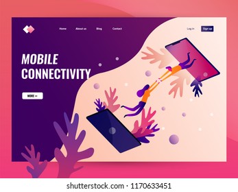 People connecting on mobile phone. Website landing page Template. Flat vector illustration