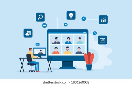 People Connecting Online With Teleconference And Video Conference For Meeting Learning Remote Working And Work From Home Concept. Flat Vector Illustration Design