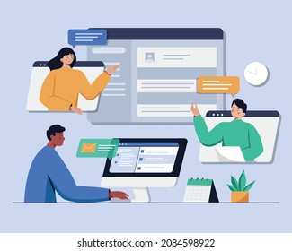 People Connecting Online With Teleconference And Video Conference For Meeting Learning Remote Working Concept. Flat Vector Illustration Design