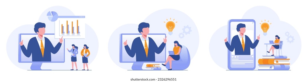 People connecting online with teleconference and video conference for meeting learning remote working concept. flat vector illustration design