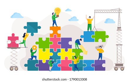 People connecting pieces of huge puzzle with crane or lift. Joint work at business project, teamwork concept. Worker with new idea holding lamp, using laptop, lifting elements, communicating