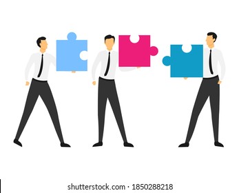 People connecting puzzle. Business concept of partnership, teamwork, cooperation. Team people connecting puzzle. Vector illustration isolated on white.