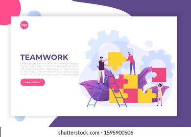 People connecting puzzle element. Teamwork, cooperation, partnership metaphor. Vector illustration flat design style. 