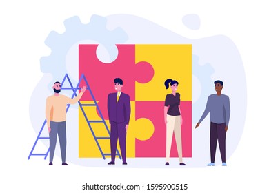 People connecting puzzle element. Teamwork, cooperation, partnership metaphor. Vector illustration flat design style. 