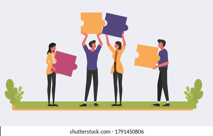 Ilustración de vectores de elementos de rompecabezas para personas que conectan, concepto de trabajo en equipo, caracteres de trabajo de oficina para hombres y mujeres, antecedentes empresariales