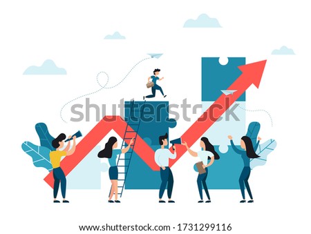 People connecting the puzzle elements build up the columns with big red arrow up. Vector illustration flat design style. Business concept. Team metaphor. Symbol of teamwork, cooperation, partnership.