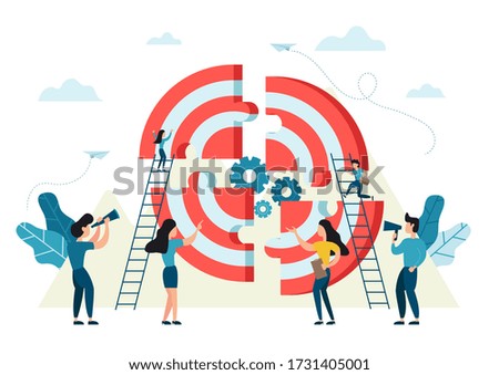 People connecting puzzle elements to build a target board. Vector illustration business concept. Team metaphor flat design style. Symbol of teamwork, cooperation, partnership for idea and success.