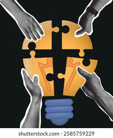 People connecting puzzle elements of a bulb symbolizing creative idea. Teamwork And Cooperation Concept With Hands Assembling Puzzle Pieces