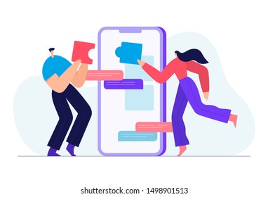 People connecting puzzle elements, business concept, team metaphor. Symbol of teamwork, cooperation, partnership. Modern businessmen characters, smartphone background. Flat vector illustration.