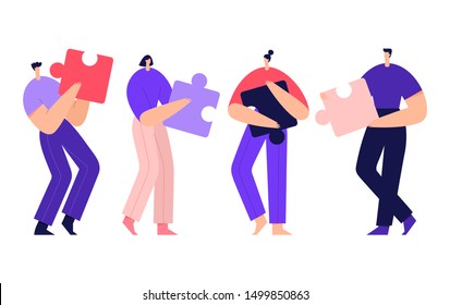 People connecting puzzle elements, business concept, team metaphor. Symbol of teamwork, cooperation, partnership. Modern businessmen cartoon characters. Flat vector illustration.