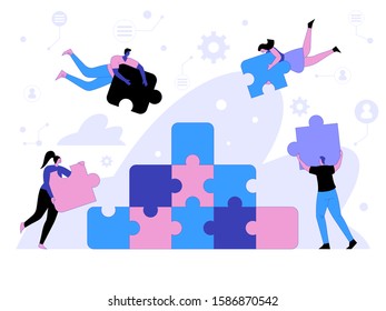 People connecting puzzle elements. Business concept of teamwork, coworking, crowdfunding, cooperation, partnership and collaboration. Team metaphor. Vector illustration flat design style.