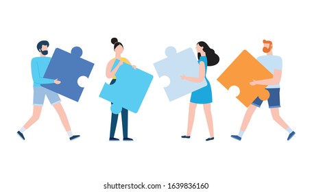 People connecting puzzle elements, Business concept. Team metaphor. Symbol of teamwork, cooperation, partnership Vector illustration flat design style