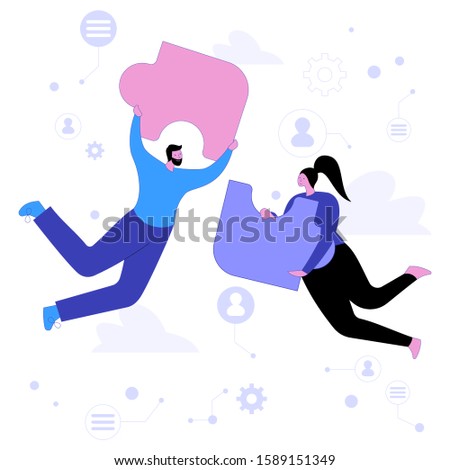 People connecting puzzle elements. Business concept of teamwork, coworking, crowdfunding, cooperation, partnership and collaboration. Team metaphor. Vector illustration flat design style.