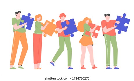 People connecting puzzle elements. Colleagues in line with their ideas, teamwork on a project, partnership and collaboration. Flat vector illustration.