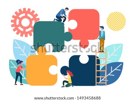 People connecting puzzle elements.  Concept of teamwork, cooperation, partnership. Vector illustration.