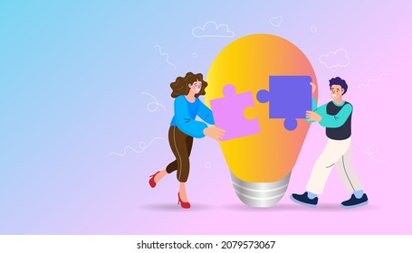 people connecting puzzle elements. finding new solutions and brainstorming, generating and generating ideas. Business teamwork. Characters connecting jigsaw pieces. Success collaboration. vector